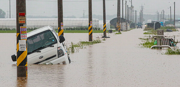 전라북도 전역에 온종일 강한 비가 내린 14일 오후 완주군 삼례읍 일원에서 물에 잠긴 논 위로 트럭 한 대가 반쯤 물에 잠겨 있다.