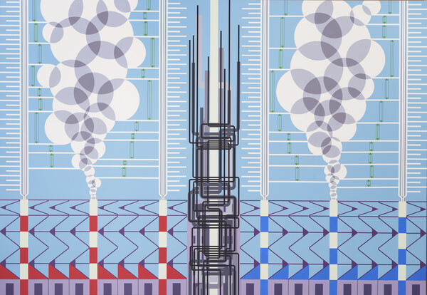 권영성, 빨간공장과 파란공장의 연기면적 비교도, Acrylic on Canvas, 112.1x162.2cm, 2023